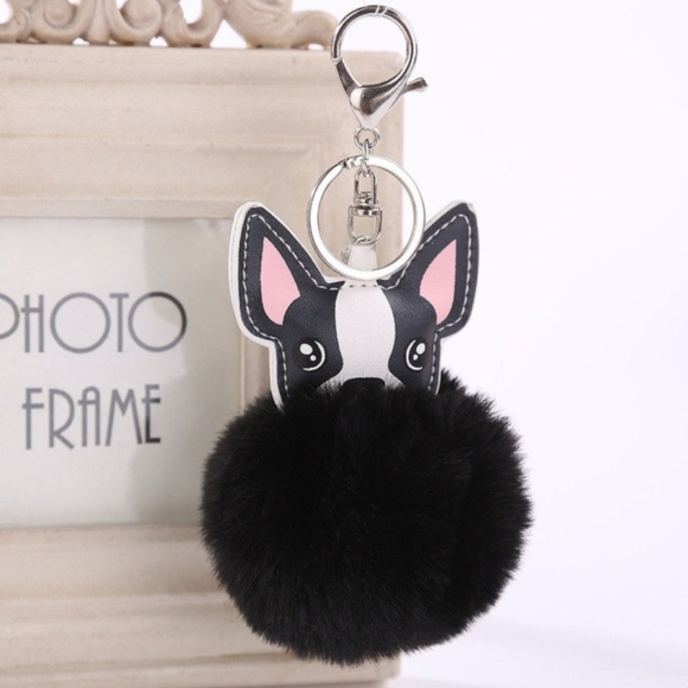 SOLD! FRENCH BULLDOG BLACK FAUX FUR BALL KEY RING